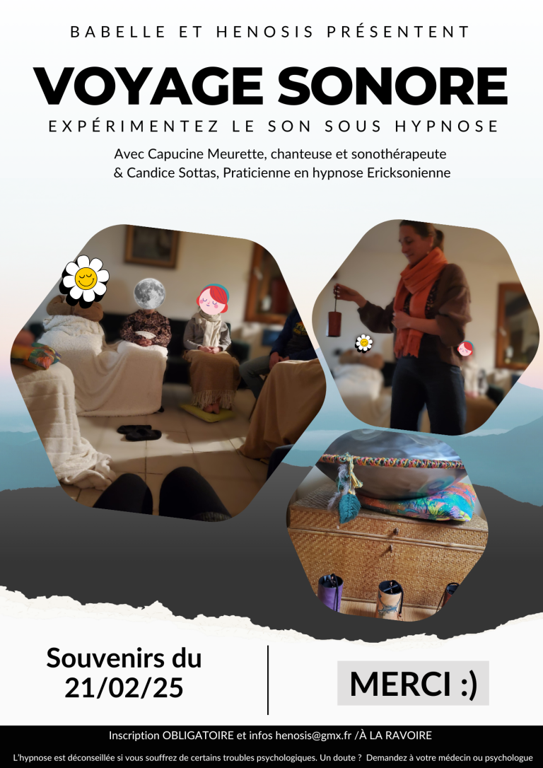 voyage sonore sous hypnose à Chambéry Affiche pour un événement sonore sous hypnose, avec des détails sur les intervenants et la date.