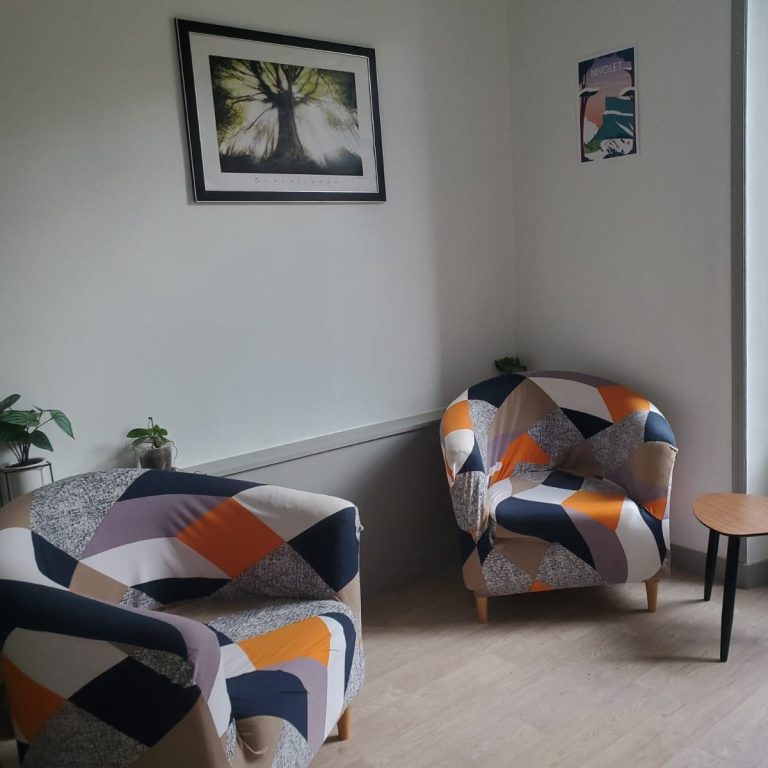 hypnose ericksonienne et constellations familiales à Chambéry Deux fauteuils confortables avec motifs colorés, une table basse et une illustration au mur.